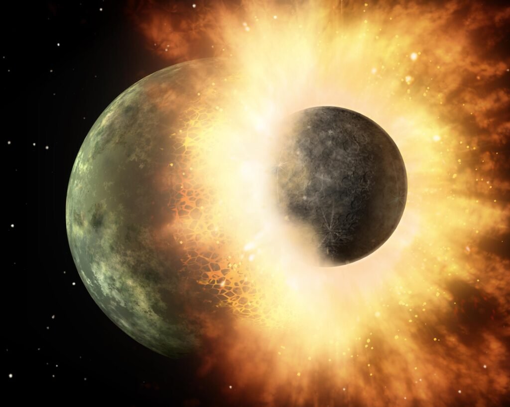 A celestial body roughly the size of our moon is shown in this artist's concept crashing head-on into a body roughly the size of Mercury. Finding origin of the Moon.